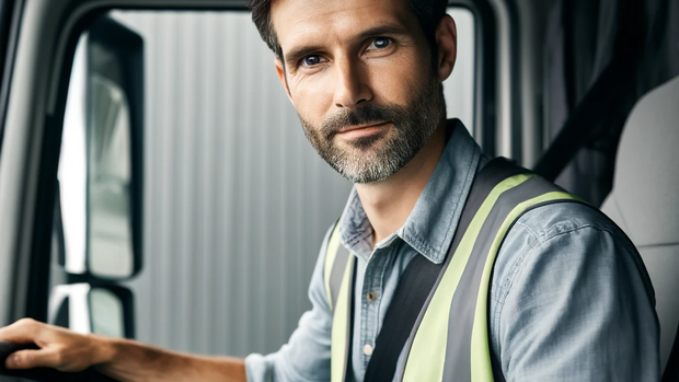 Berufskraftfahrende im Fahrerhaus Berufskraftfahrer sitzt im Fahrerhaus seines LKWs.