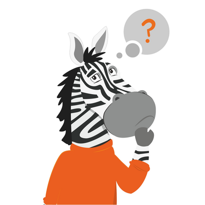 Zebra Fragezeichen Maskottchen in Zebraoptik mit Fragezeichen in Denkblase.