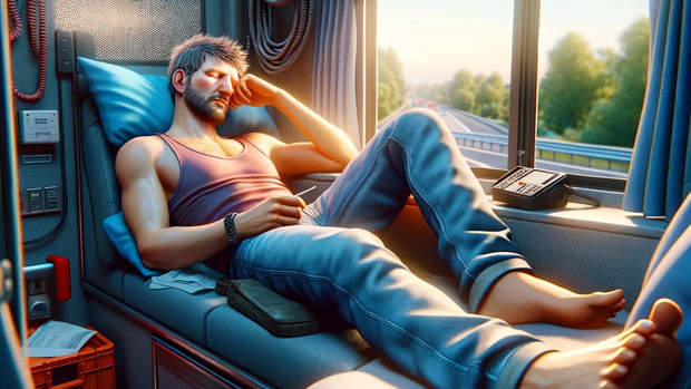 Sozialvorschriften Berufskraftfahrer ruht sich in der Kabine seines LKWs aus.