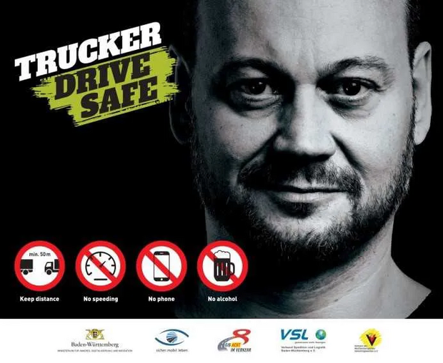 kampagne trucker drive safe kopf von truckerfahrer abgebildet neben schriftzug trucker drive safe