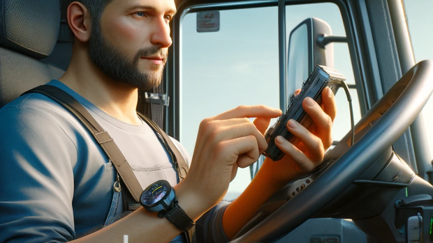 Fahrtenschreiber Berufskraftfahrer überprüft den Fahrtenschreiber im LKW.