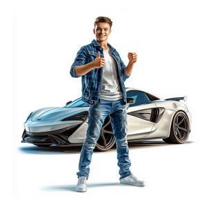 Training für junge Fahrer Illustration eines jungen Mannes vor einem Auto.