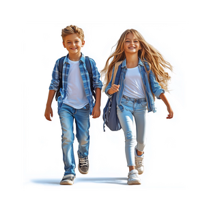 Sicherheit für Kinder Illustration von zwei Kindern auf dem Schulweg.