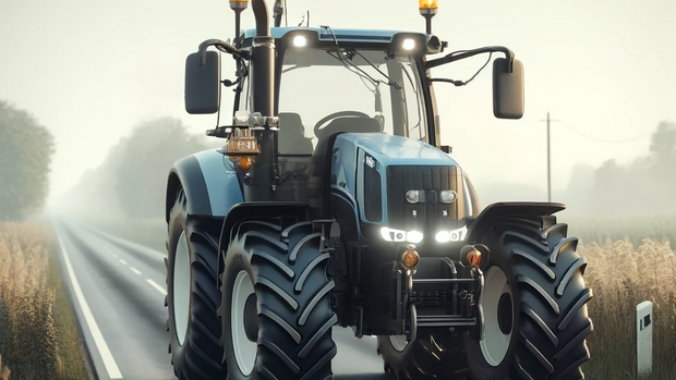 Traktor Moderner Traktor fährt auf einer Landstraße.